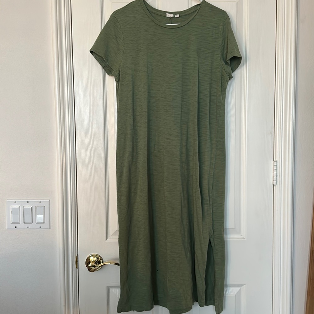 Gap. Sage-green midi dress with side slits. Large. Excellent condition.